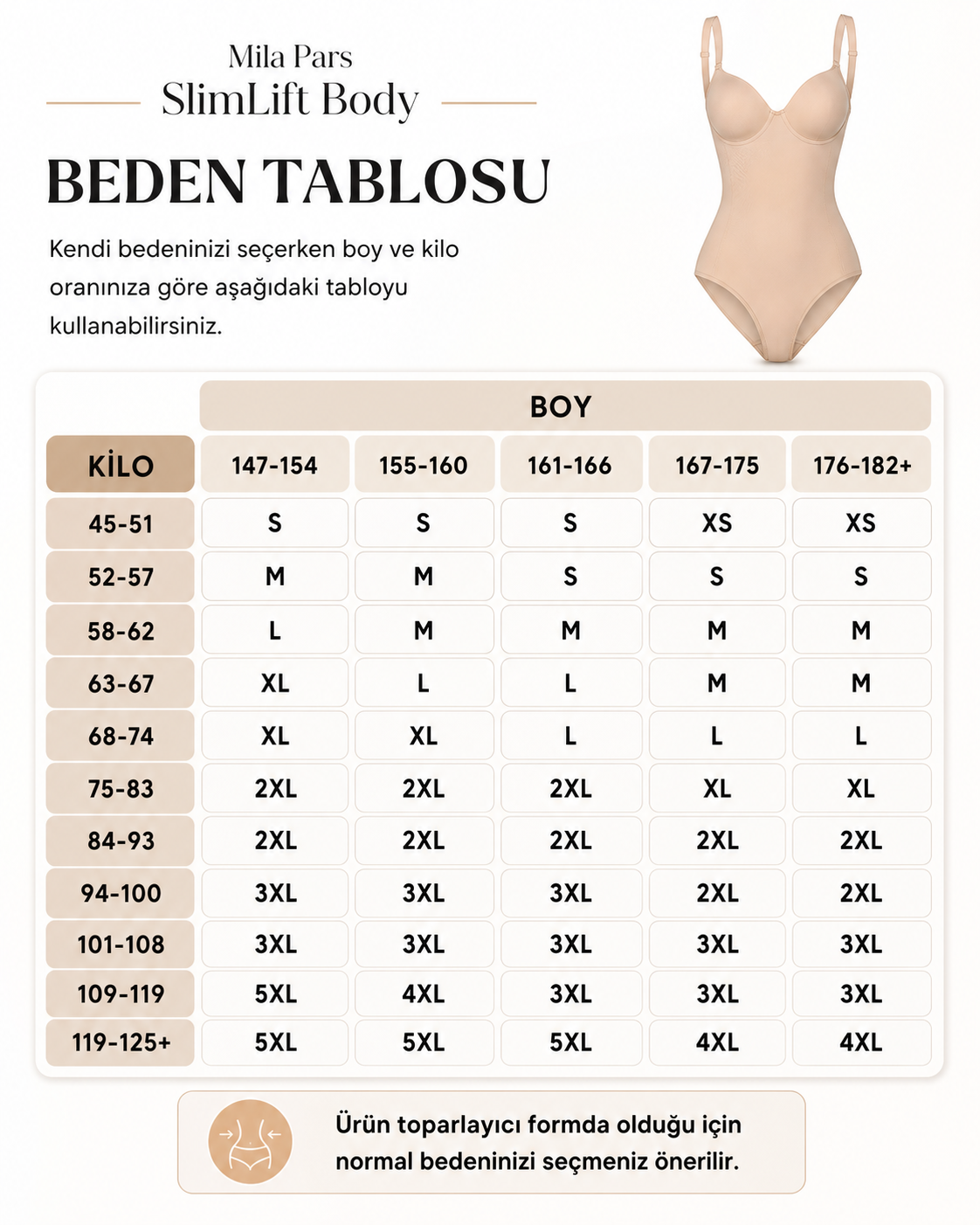 Mila Pars SlimLift Body beden tablosu